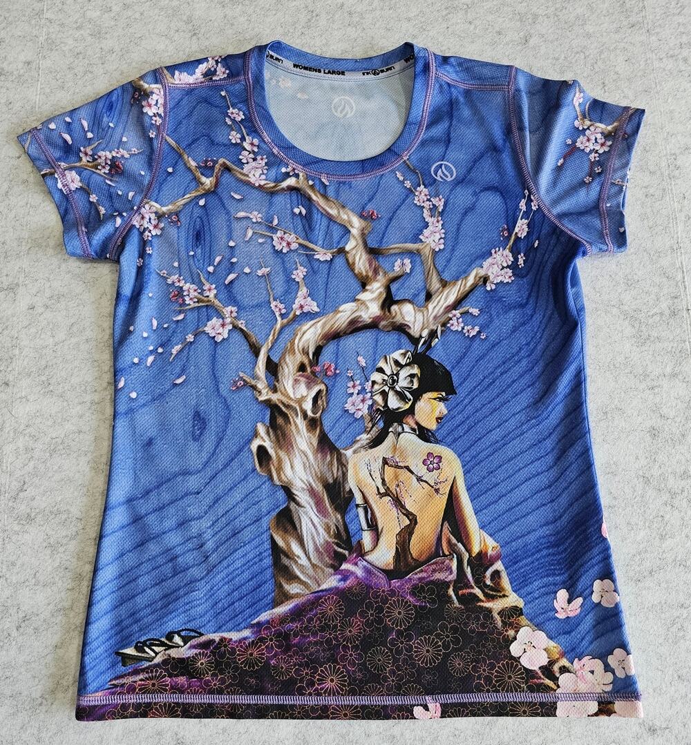 INKnBURN Running Shirt Japanese Cherry Blossom Graphic Blue Athletic Tee Women L
